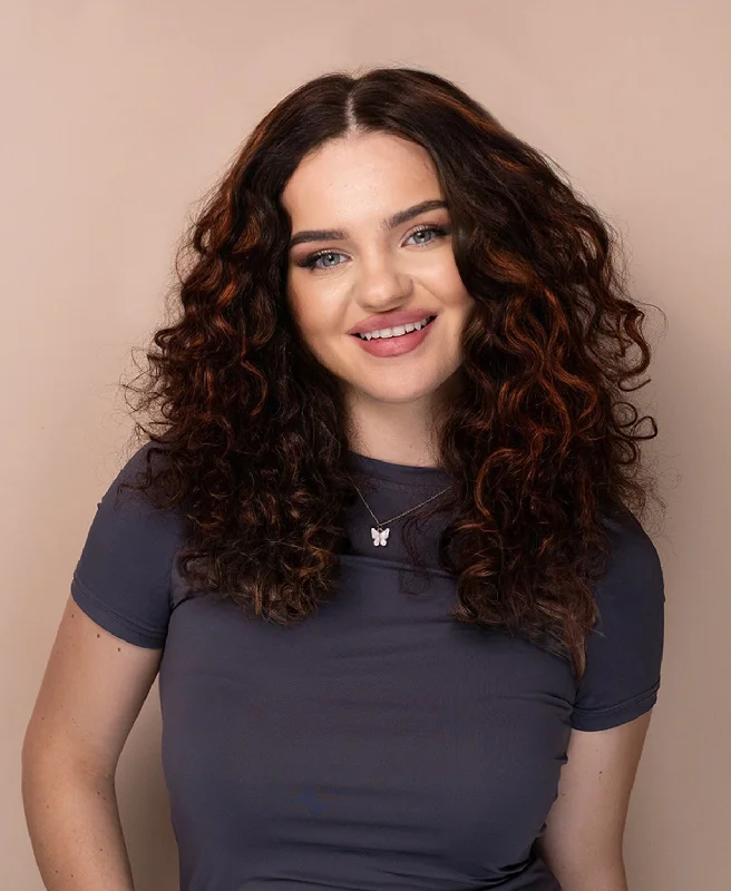 lace front human wig - 16" curly brown with highlights.