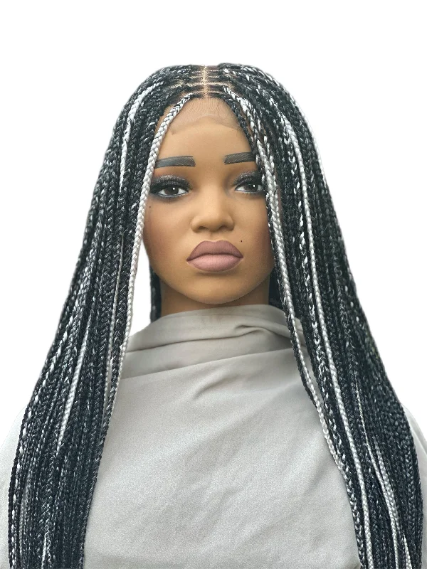 A1- Box Braided Synthetic Wig- Black with Platinum Highlights