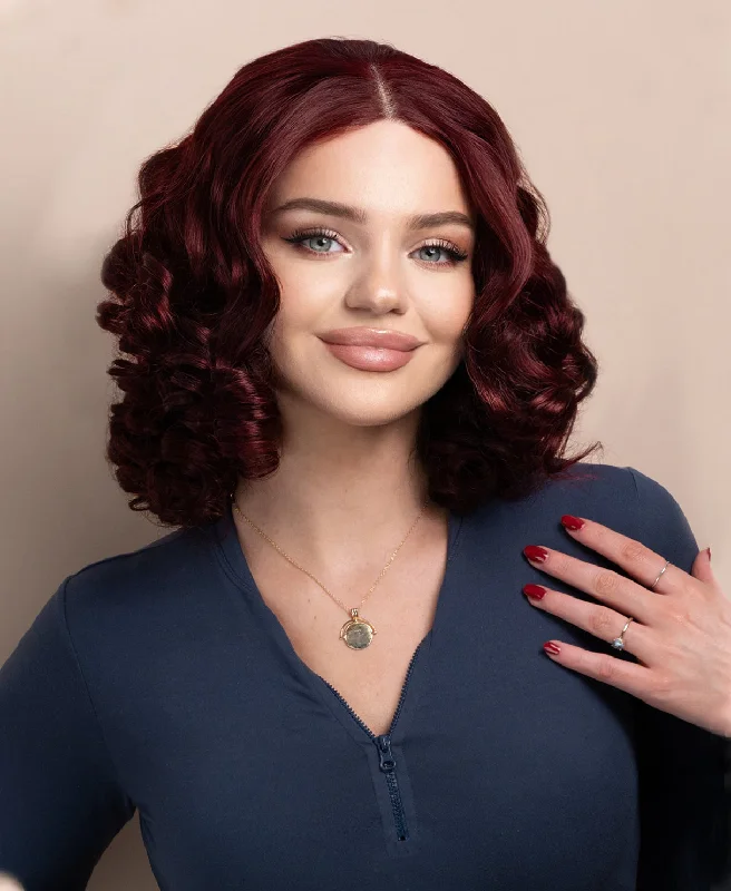 bouncy curls human wig - 14" dark red.