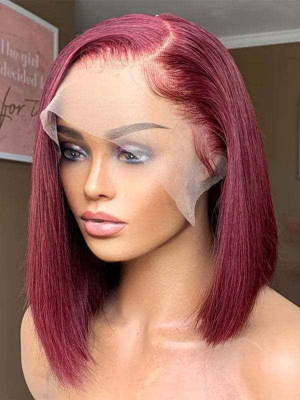 Chinalacewig C part Burgundy 99j Straight Human Hair Bob Wigs For Women Short Cut Preplucked CF554