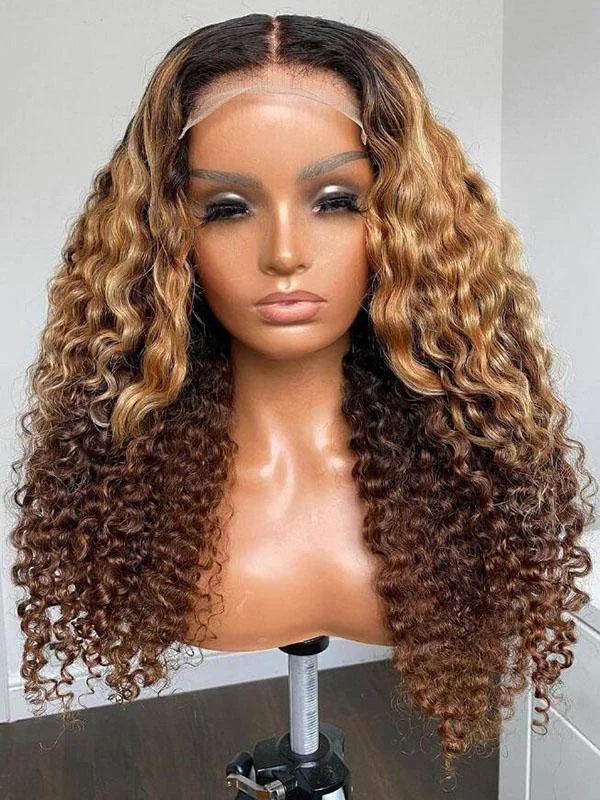 Chinalacewig HD Invisible Lace Ombre Brown Color Deep Curly Lace Front Human Hair Wigs CF472