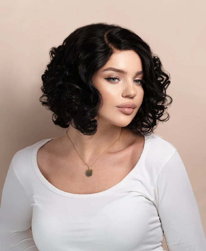 curly bob human wig - 12" natural black.