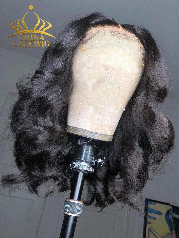 Chinalacewig Black Color Virgin Human Hair Wavy Bob HD Lace Front Wigs For Women NCF107