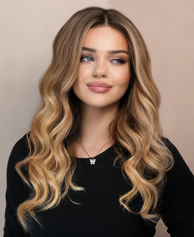 lace front human wig - 20" root melt blonde balayage.