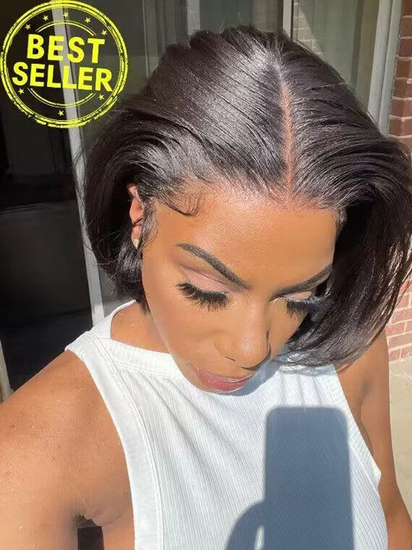 Chinalacewig Human Hair Blunt Cut Bob Relaxed Hair Yaki Bob HD Lace Front Wig CF061