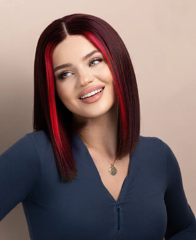 long bob human wig - 10" red money piece highlights.