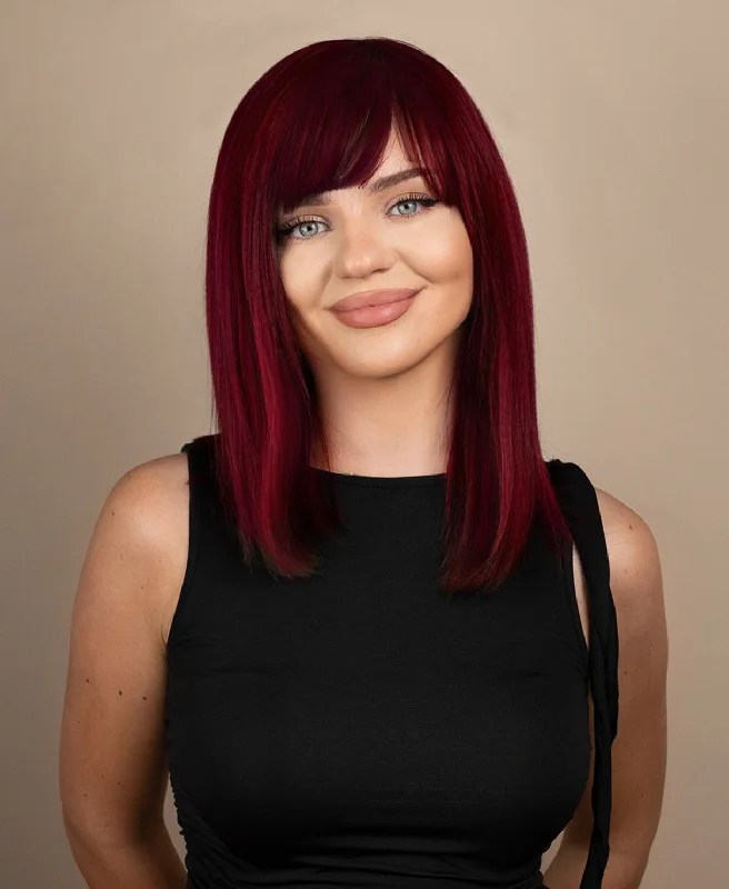 long bob with fringe human wig - 14" cherry red.