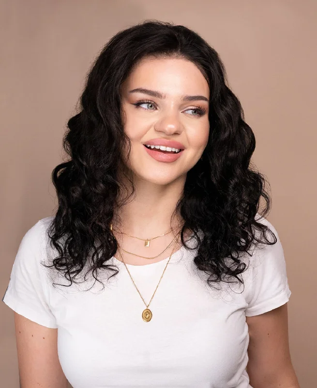 put on & go pre-cut lace curly human wig - 18" natural black.